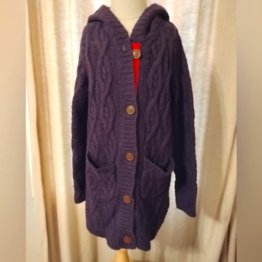 Mini Boden Fall Cardigan Long Cable Sweater Eggplant Purple Girl 7-8 Hood Pocket